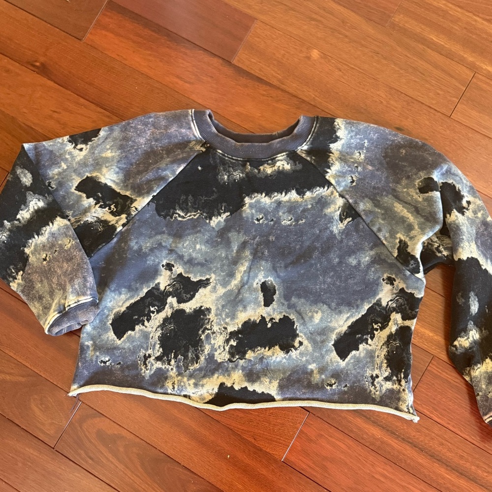 Joy Lab Women's Cropped Blue Tie Dye Oversized Sweatshirt Long Slv SZ XS Bust 42